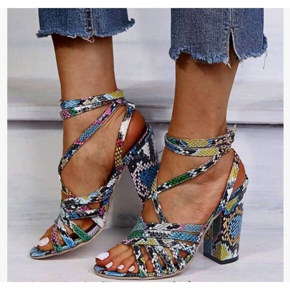 QSCQ Shoes - QSCQ RAINBOW SNAKE PRINT SANDAL PUMPS SZ.7.5 NWOT